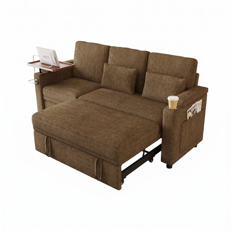 3-in-1 Convertible Sofa Bed, 3-Seater Chenille Couch with Adjustable Backrest, USB Charging Ports, Table Board and Storage Armrests, 81'' Foldable Sleeper Sofa for Living Room