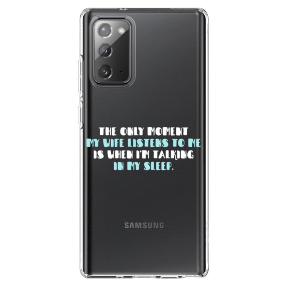 DistinctInk Clear Shockproof Hybrid Case for Samsung Galaxy Note 20 (6.7" Screen) - TPU Bumper Acrylic Back Tempered Glass Screen Protector - Life Only Listens When I Talk In My Sleep
