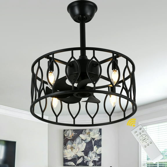 Bella Depot 19" Industrial Black Caged Ceiling Fan with Light and Remote 6-Speed Reversible Fan Light