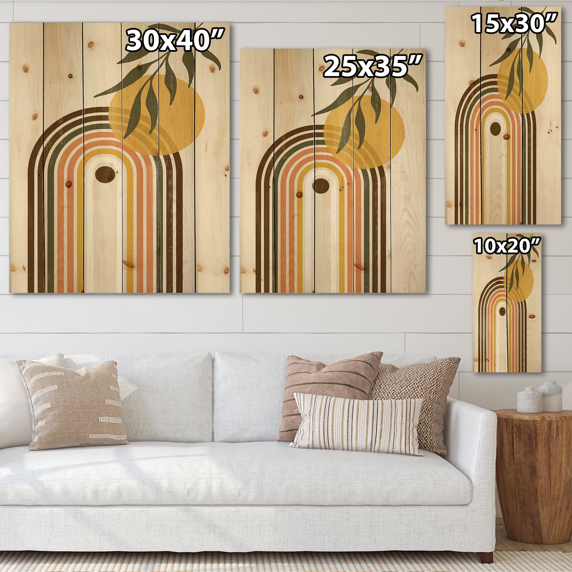 Designart 'Abstract Retro Rainbow With Yellow Sun' Modern Print on Natural Pine Wood