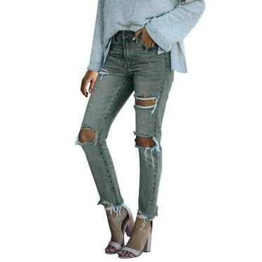Aayomet Embellished Leggings for Women Women'S Solid Color Straight Hole High Waisted Elastic Slim Jeans,Gray S