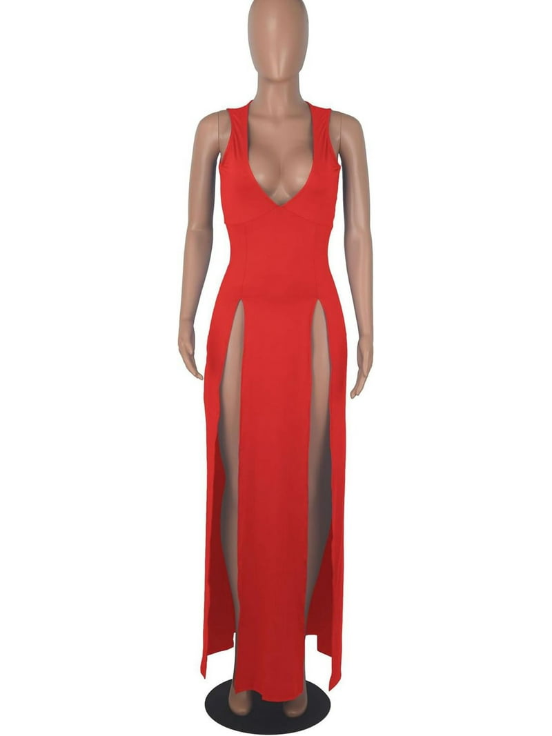 HLSOHJP Women's Double Slit Maxi Tank Dress Sleeveless Deep