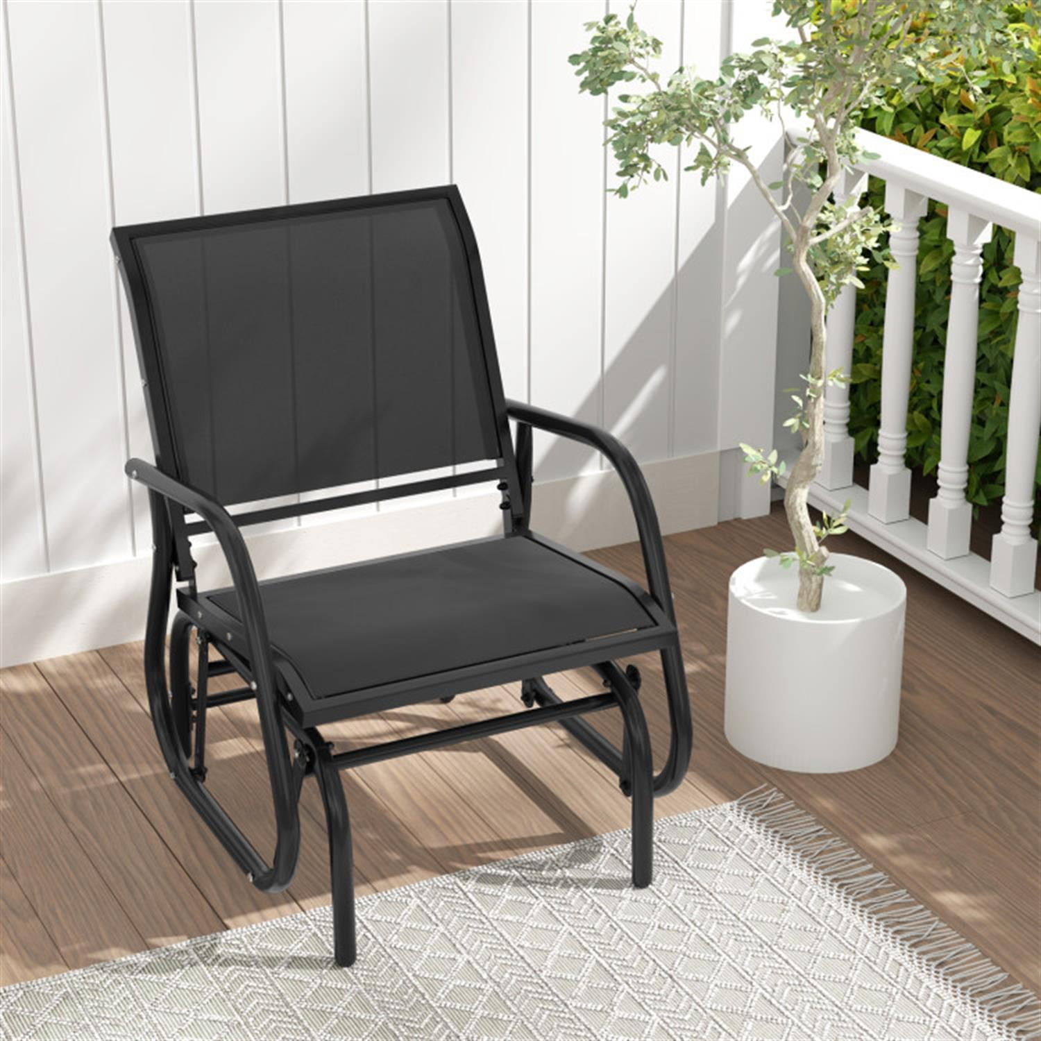 Demi Bonn Outdoor Single Swing Glider Rocking Chair with Armrest, Outdoor Glider Chairs for Porch, Balcony, Poolside, Black
