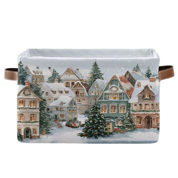 1-Pack Square Closet Organizers with Handles Open Basket Bins Cozy Winter Town with Snow Storage Basket for Home Office