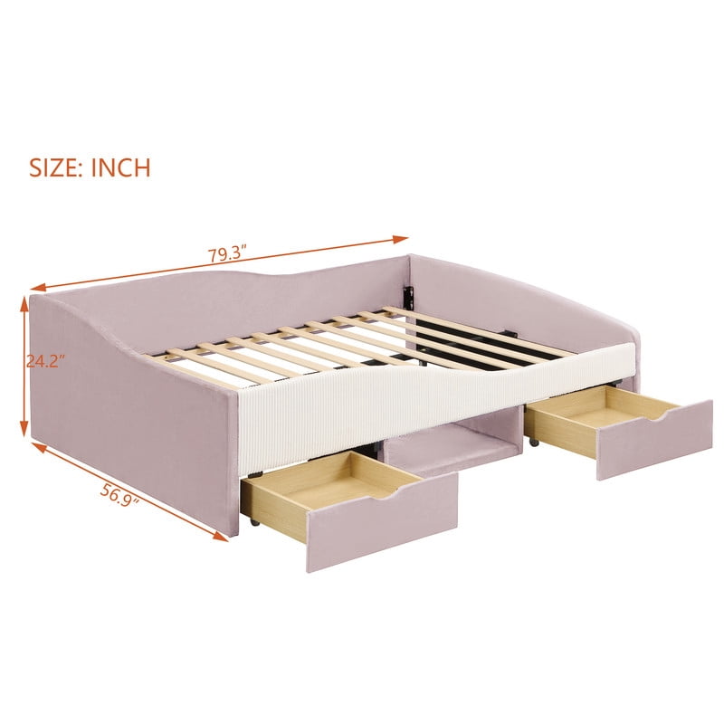 Full Size Upholstered Daybed Frame, Low-Profile Storage Platform Bed with 2 Drawers and Open Compartment, Two-Tone Accent Kids Bed