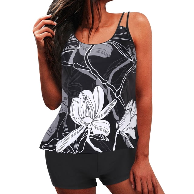 IDALL Tankini Swimsuits Bathing Suit High Waisted Bikini Push Up Vintage Swimsuit Two Piece Retro Ruched Print Bikini Set Swim Suits for Women Camisole Tops Black 2XL(Clearance Sales)