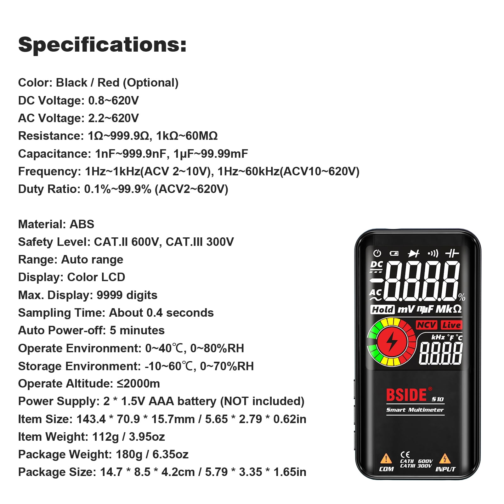 BSIDE S10 Multimeter, Overload Protection, CAT.II 600V CAT.III 300V, AC/ Voltmeter Ohmmeter, Test Resistance Capacitance Frequency, NCV Live Line