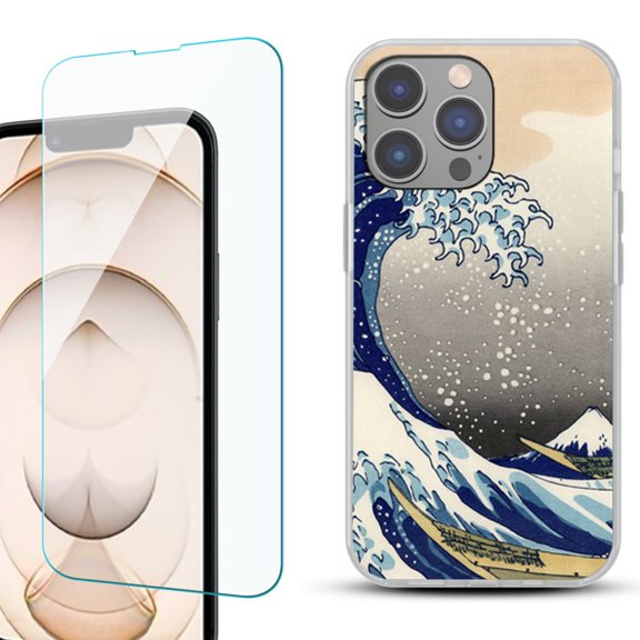 Slim-Fit Gel TPU Phone Case for iPhone 14 Pro, with Tempered Glass Screen Protector, by OneToughShield ® - Great Wave