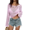 thumbnail image 1 of Haut Court au Crochet en Résille pour Femme à Manches Longues, Col Rond, Transparent, Ajouré, en Maille, par-Dessus de Bikini, Rose, P, 1 of 7