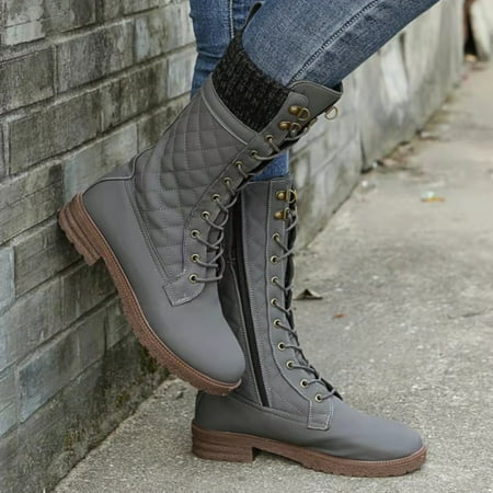 

VKEKIEO Women Snow Boots Round Toe Flat Heel Booties Ornamental Zipper Lace-Up Gray Women S Snow Boots