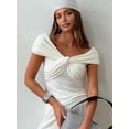 thumbnail image 5 of Women Twist Knot Front Off the Shoulder Tank Tops Cap Sleeve Shirts Slim Fitted White L, 5 of 10