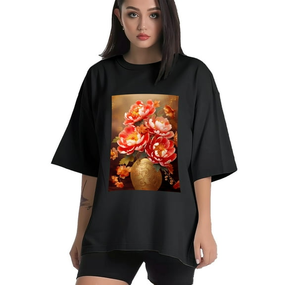 Plus Size Shirt for Women Black Tops for Women Short Sleeves Shirt for Women Peonies T Shirt Crewneck Shirt for Women XS