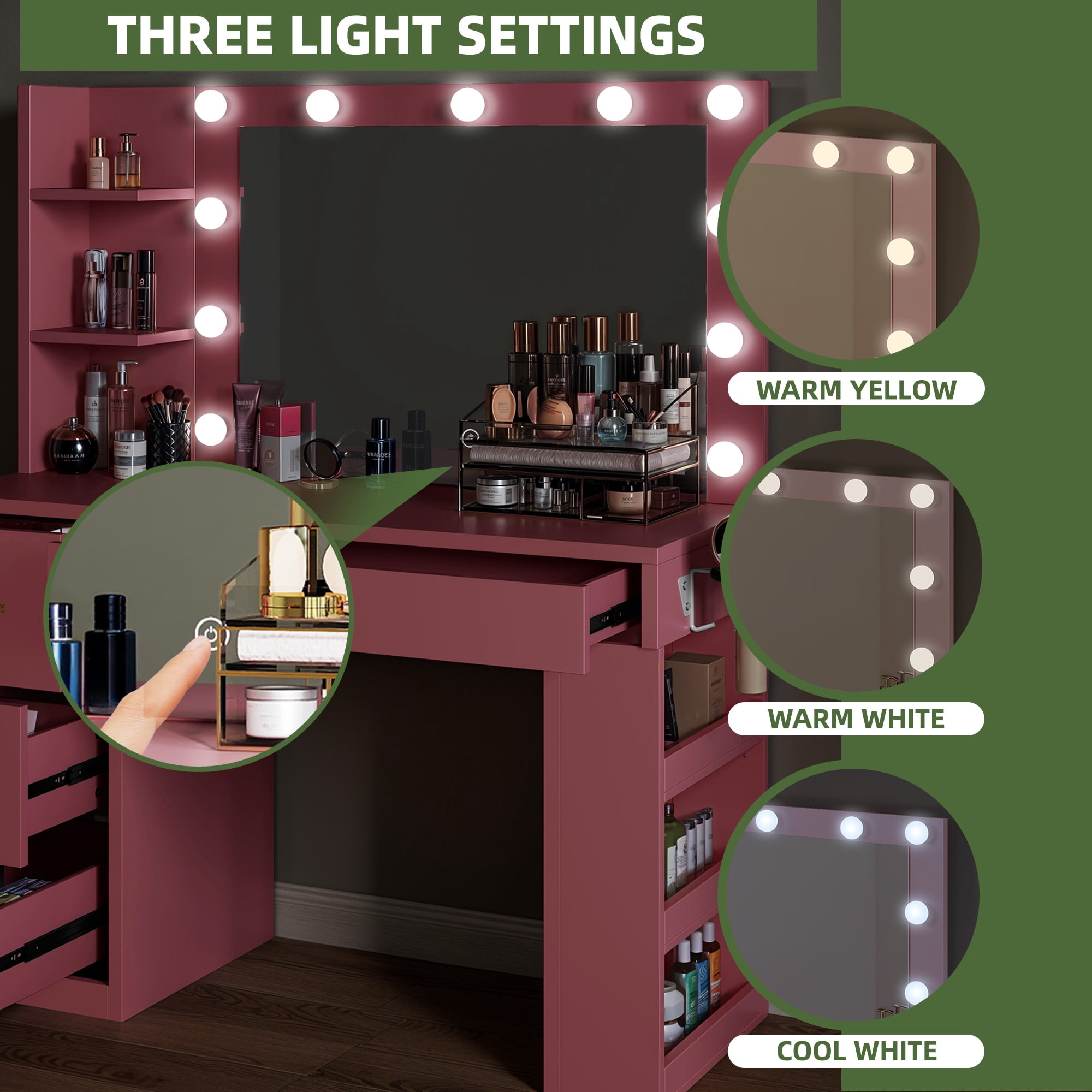 Uforic Makeup Vanity with 3 Color Lights & 3 Storage Shelves, Modern Vanity Makeup Desk, Pink