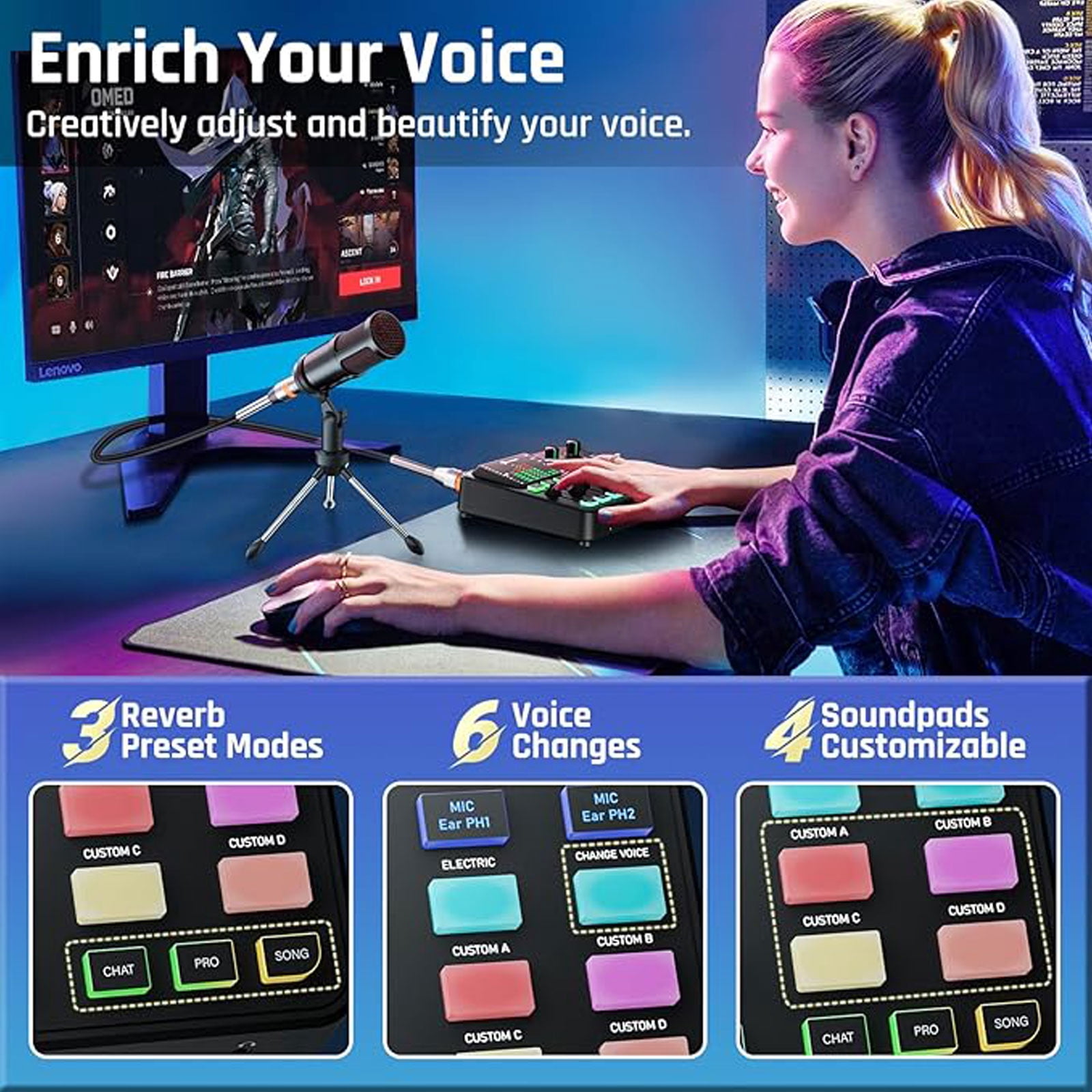 Gaming Audio Mixer, 4 Channel Pc Audio Interface, ABS Sound Card with 1/4 Inch Trs Port, Preamplifier, Noise Reduction, Rgb, Voice Changer, Bluetooth, for Streaming Podcast Gaming