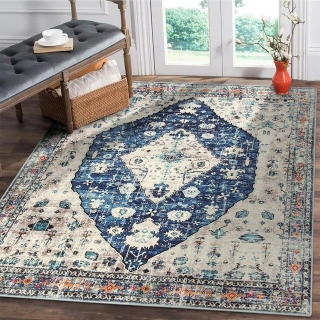 Lahome Boho Tribal Square 4x4 Area Rug, Blue Washable Bathroom Rugs Soft Kitchen Rugs with Rubber Backing, Oriental Non Slip Non-Shedding Indoor Throw Floor Carpets for Bedroom Entryway Home Decor