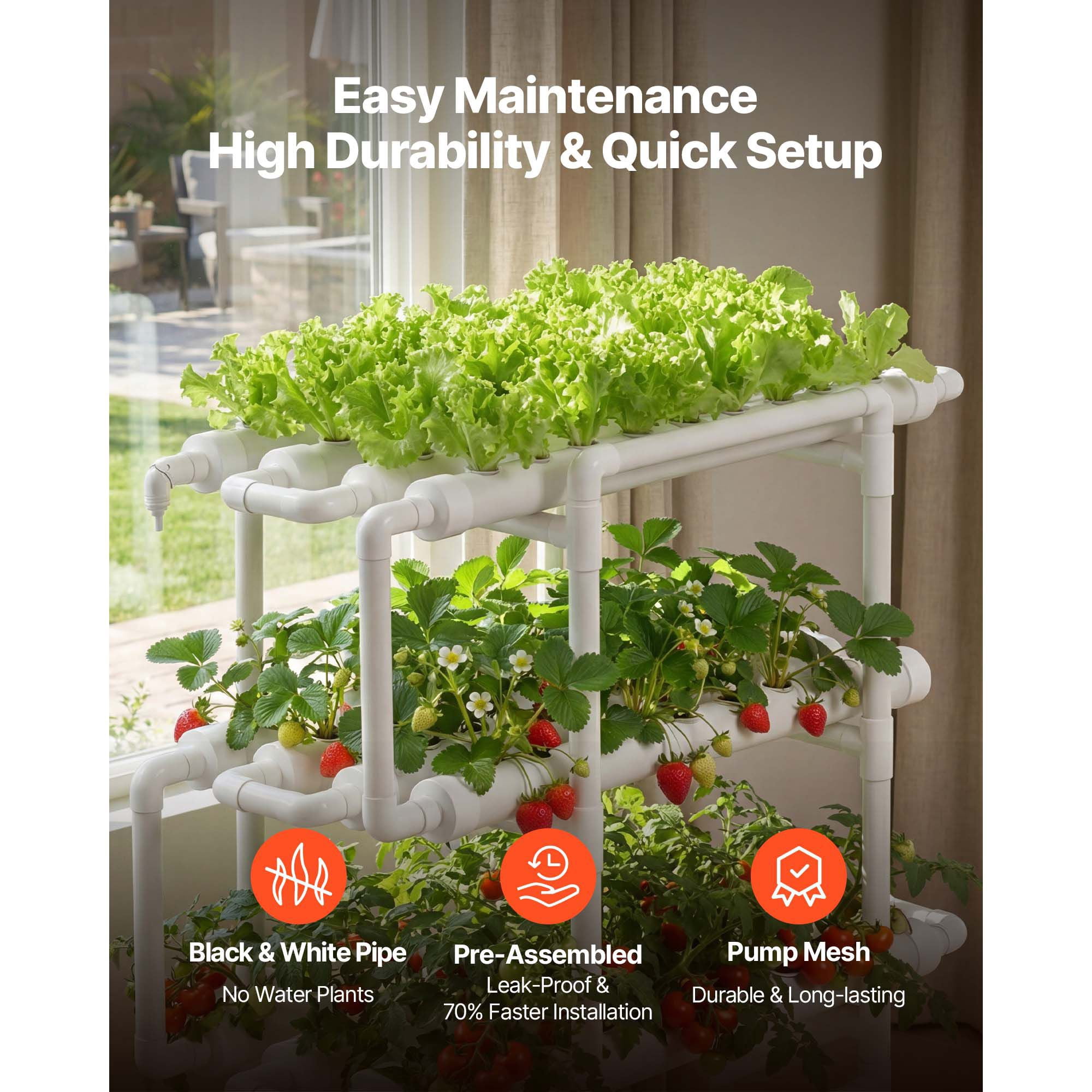 3-Tier 108 Site UPVC Pipe Hydroponic Grow Kit with Timed Irrigation, Indoor System for Vegetable Fruit Herb