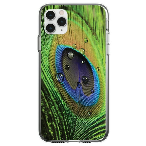 DistinctInk Clear Shockproof Hybrid Case for iPhone 11 Pro (5.8" Screen) - TPU Bumper, Acrylic Back, Tempered Glass Screen Protector - Peacock Feather Close Up - Animal Print