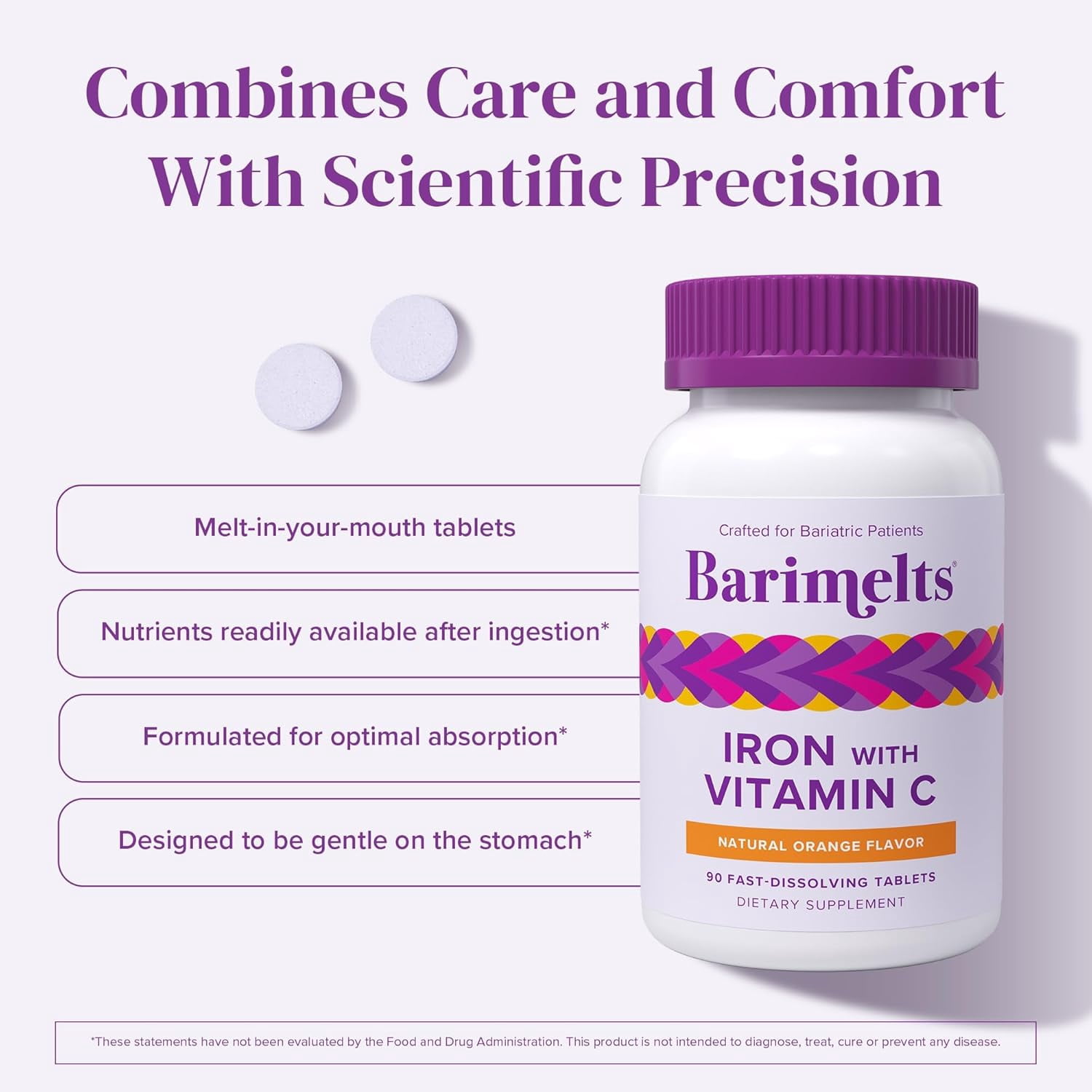 Barimelts Bariatric Iron Supplement with Vitamin C, Fast-Dissolving, Orange Flavour, 90 Tablets