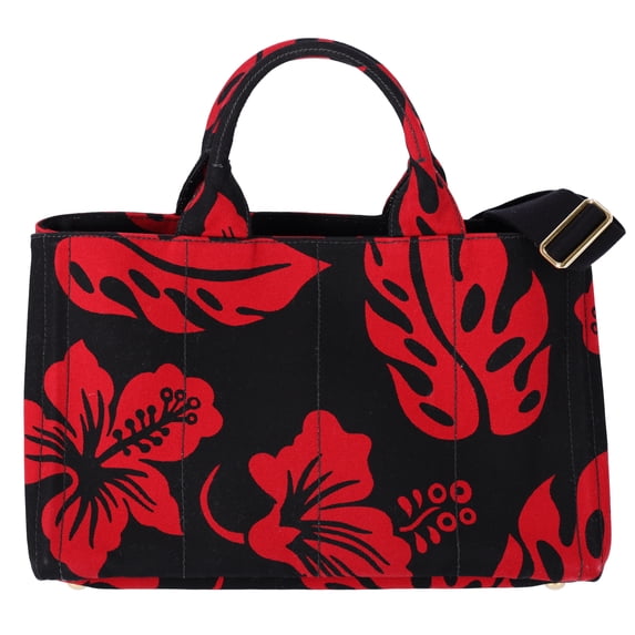 Pre-Owned PRADA Canapa Tote Bag Black Red Canvas Leaves Print