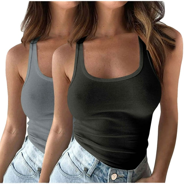 Yuyuzo 2PC Plus Size Tank Tops for Women Ribbed Knit Slim Fitted Camis Sleeveless Base Layer T Shirts