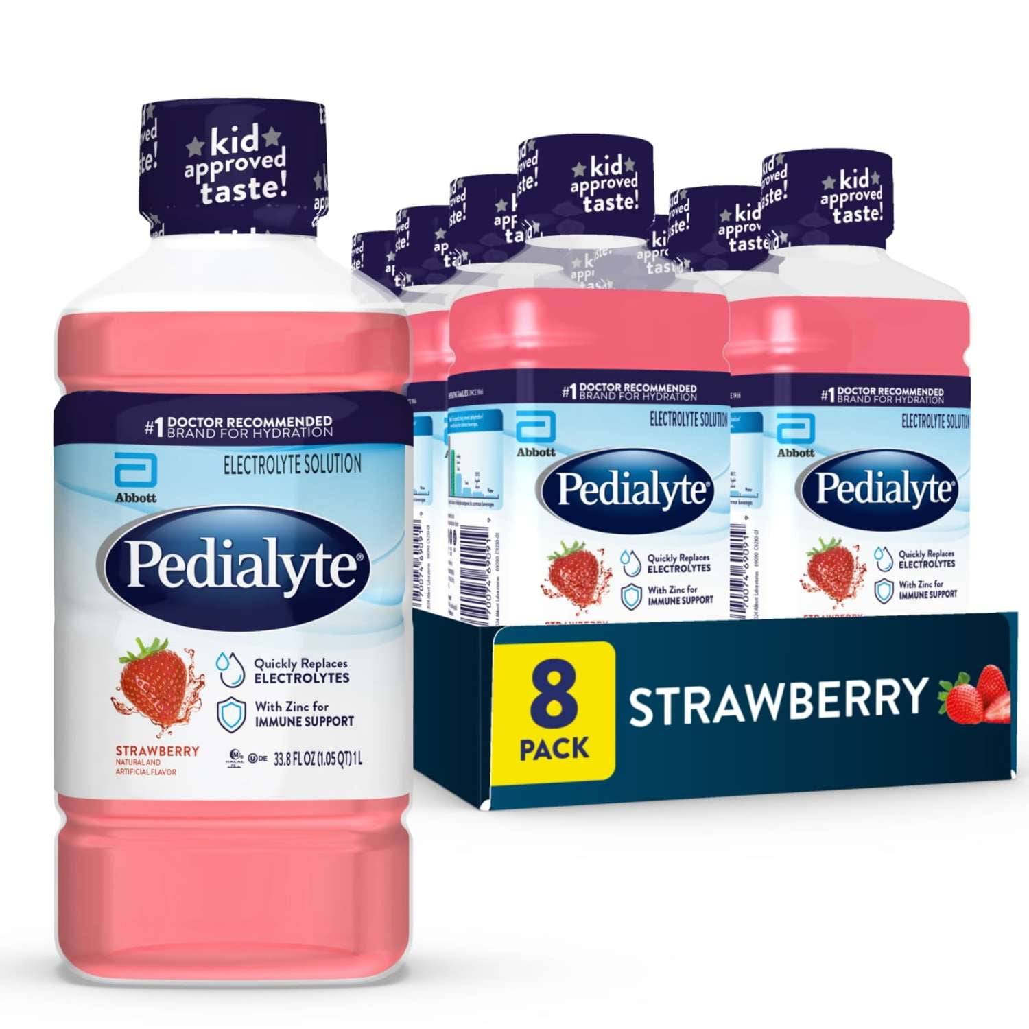 Pedialyte Essential Rehydration Electrolyte Drink, Strawberry, 1 Liter, Pack of 8