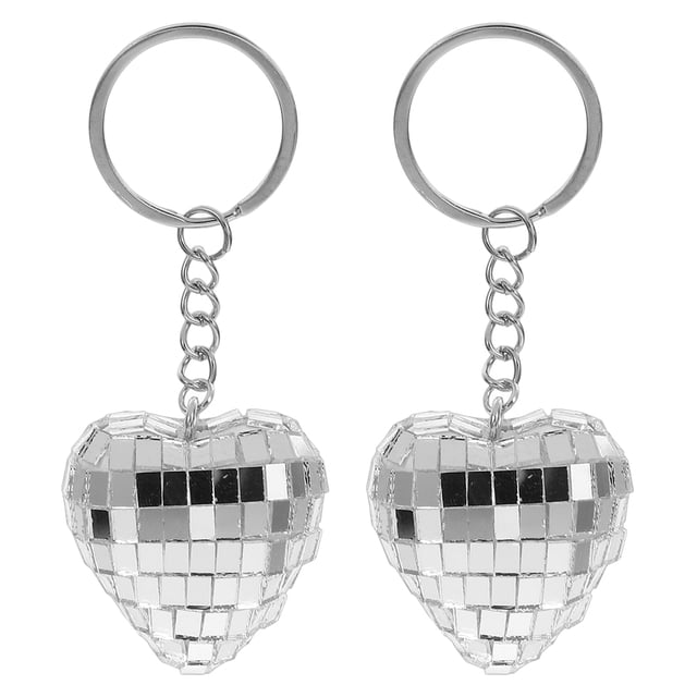 2 llaveros con forma de corazón, bola de discoteca, espejo reflectante de metal para Navidad, colgante decorativo, mini adornos decorativos, llaveros.