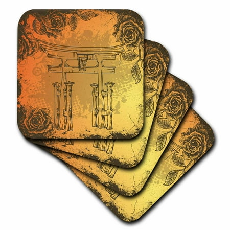 - 3dRose Japanese Style Gate With Vintage Faux Etches Roses Oriental Asian Inspired Art Gift, Soft Coasters, set of 4