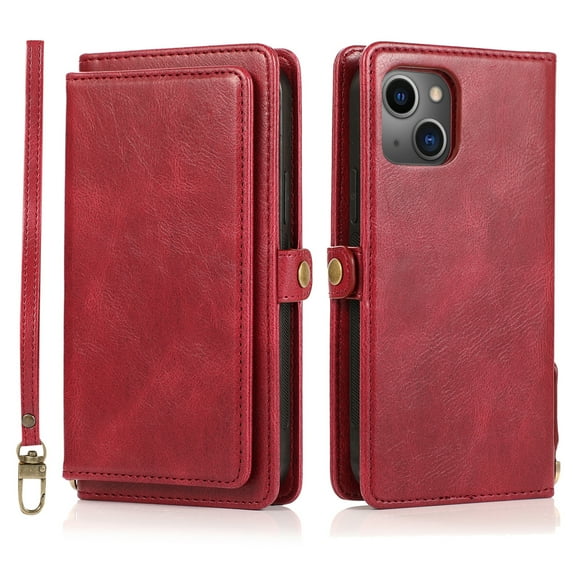SaniMore Magnetic Detachable Wallet Case for iPhone 14, PU Leather 2-in-1 Functional Cover Buil-in Multiple Card Slots & Car Mount Wrist Strap Shockproof Protective Shell, Red