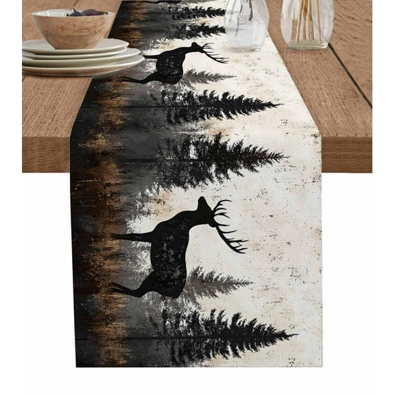Hokiten Table Runners 60 Inches Long Dress Scarves, Black Elk Farmhouse Kitchen/Dining Table Runner, Small Coffee Tablerunners, Forest Impressionist Animal Forest Reindeer 13x60 Inch