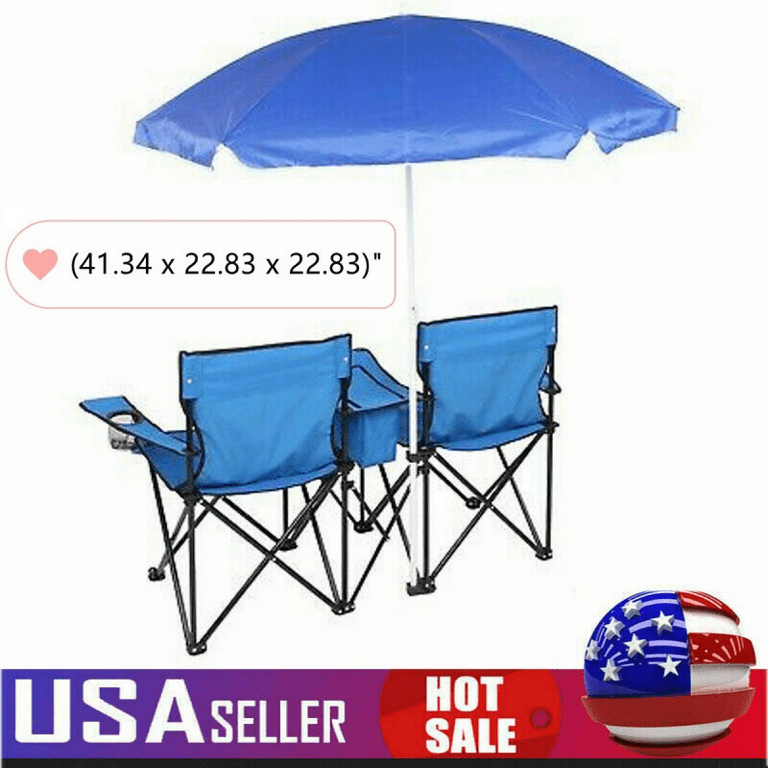 Goorabbit Folding Fishing Chairs,2-Seats Anti-UV Umbrella Folding Outdoor  Chair with Table Cooler for Beach, Patio Picnic,Camping-Blue