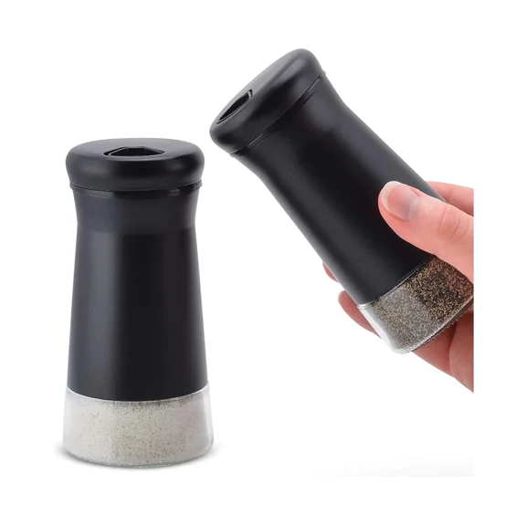 Glass Salt and Pepper Shakers Set with Adjustable Pour Holes - Stainless Steel Salt Shaker-Black