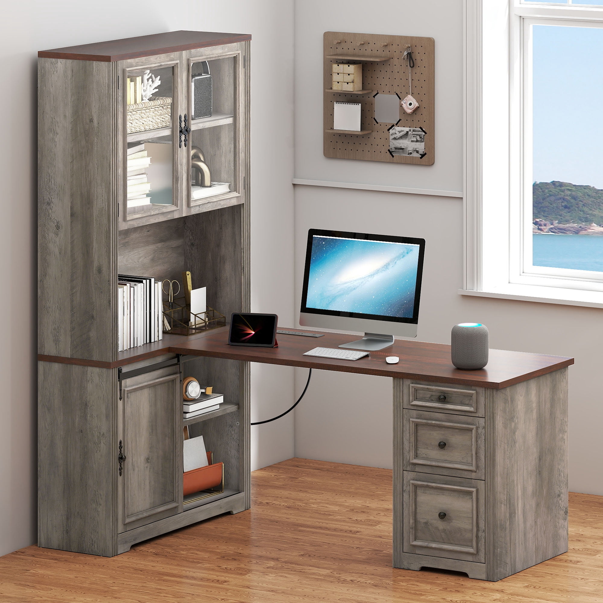 Uforic Executive Desk with Hutch, L Shape Computer Desk, Wood Office Desk with Storage Cabinet, Gray