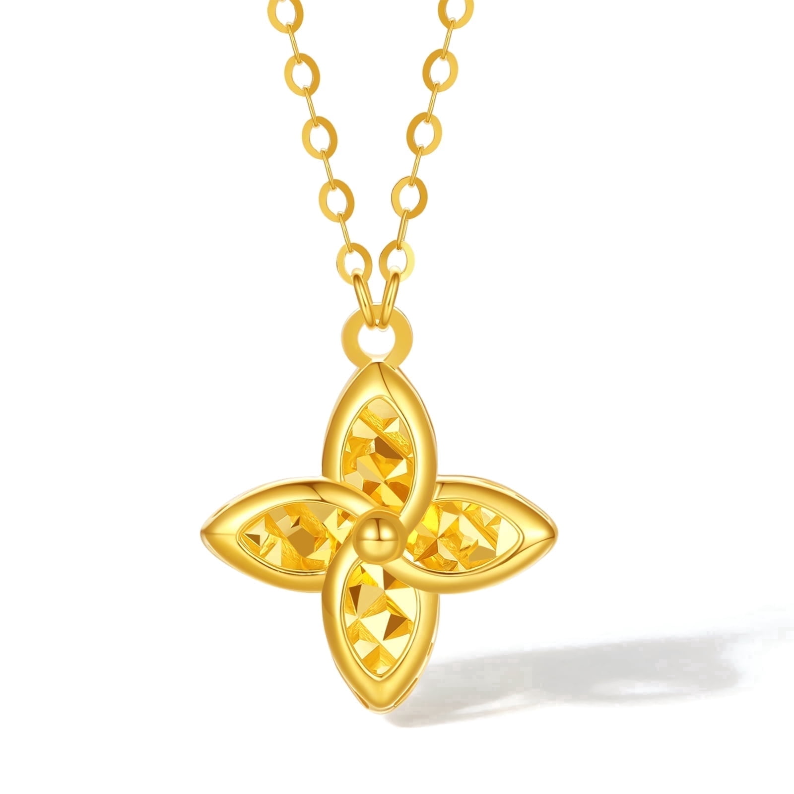 ZHOU LIU FU 18K Yellow Gold Diamond Cut Four-Leaf Clover Necklace for Women - Dainty Flower Charm Pendant Fine Jewelry Birthday Anniversary Gift