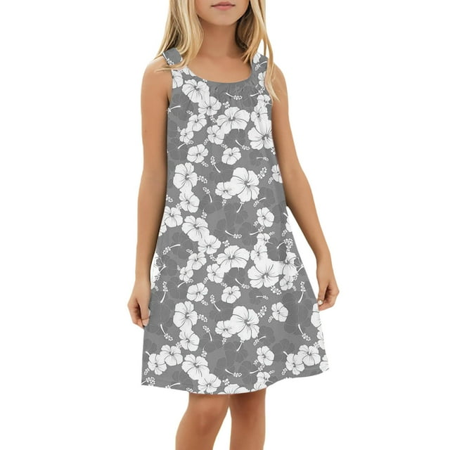 GPOECD Robes Filles Fleur Plage Maillot de Bain Robe d'Été Sans Manches pour Filles 4-14 Ans Robes de Plage 03_gris,110
