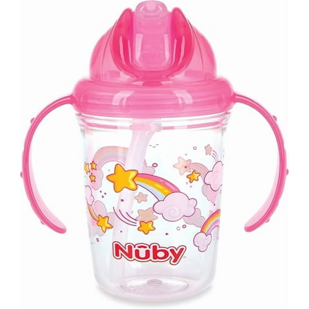 Nuby Tritan 2-Handle No-Spill Flip-it Fat Straw Printed Cup - 8oz/ 240 ml, 12+ Months, 1pk prints: rainbow