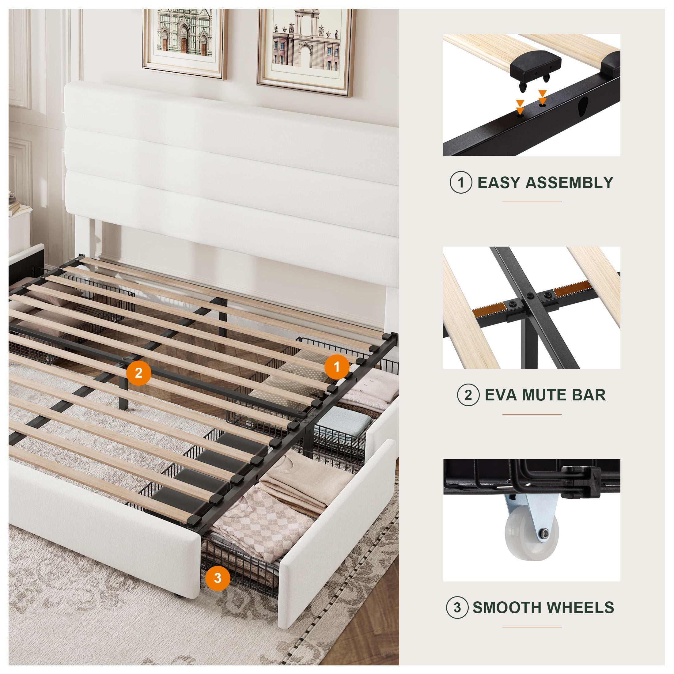 Amolife Full Size Storage Platform Bed Frame with 4 Drawers & Upholstered Velvet Slat Headboard, White