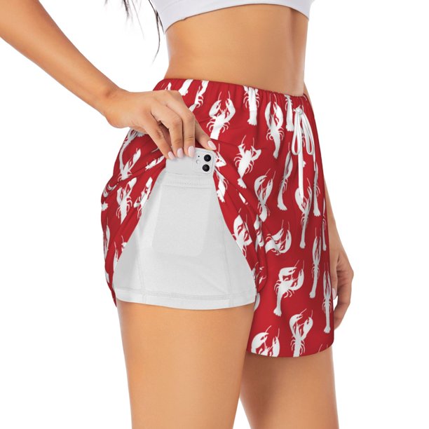 Balery Cartoon Lobster Pantalones cortos deportivos para mujer con forro y dos bolsillos, elásticos, para entrenamiento, gimnasio, yoga-Large