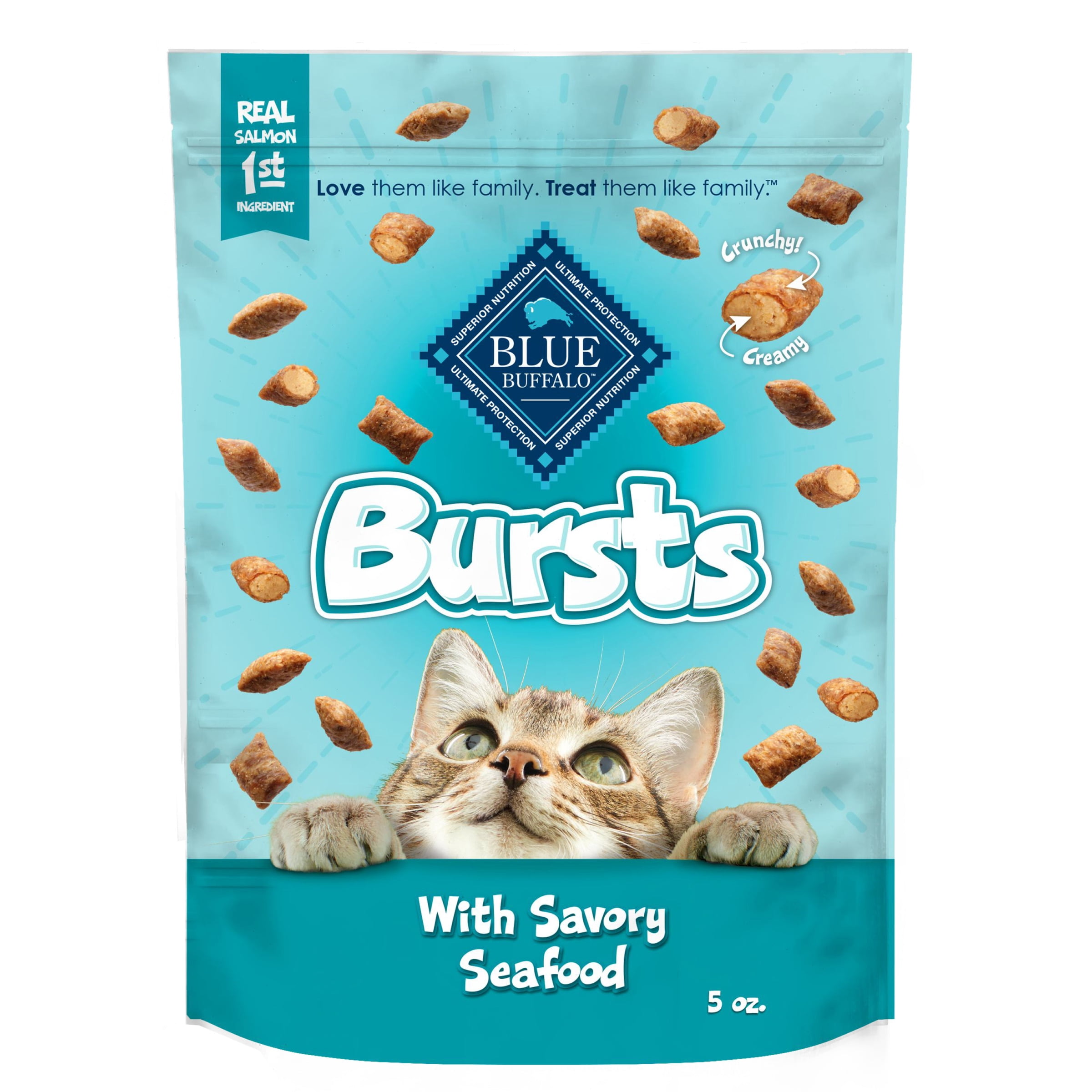 (2 pack) Blue Buffalo Bursts Crunchy & Creamy Cat Dry Treats, Great for Training, Seafood, 5-oz. Bag