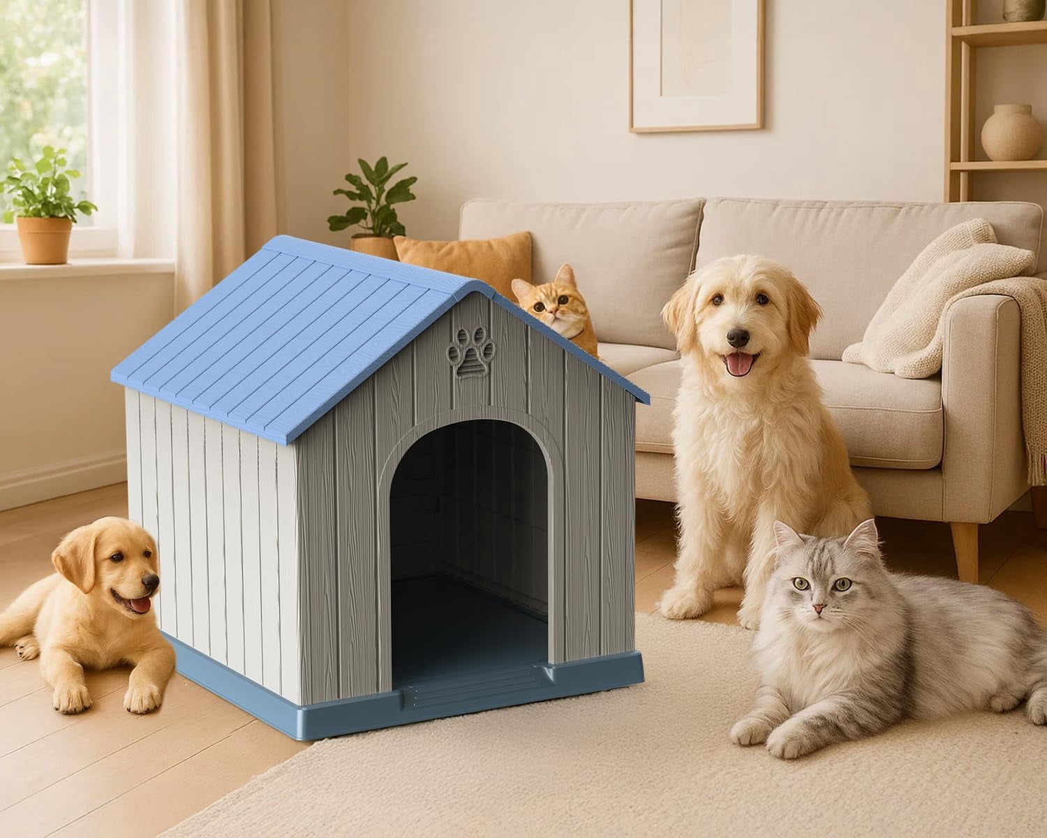 Indoor Outdoor Waterproof Dog House, PP Material, Puppy Shelter with Air Vents and Elevated Floor, Sturdy Dog Kennel for Small to Large Sized Dogs, Easy to Assemble (Blue, 38.62×36.26×38.07 Inches)​