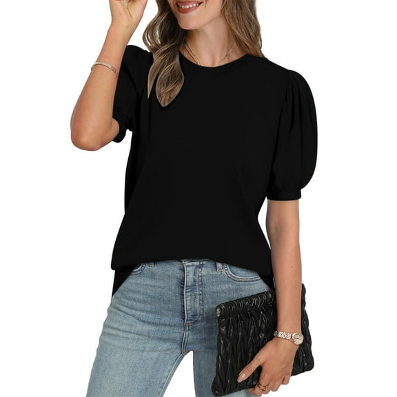 DPTALR George Women's Puff Short Sleeve 2025 Spring Summer Business Casual Work Blouses,Black,Size S