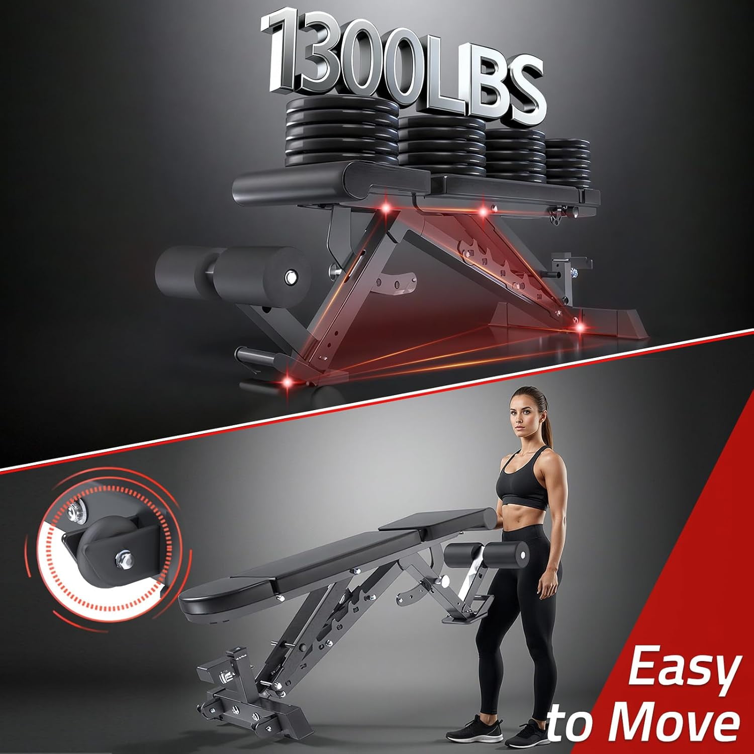 YODOLLA Adjustable Weight Bench for Home Gym, 1300-Lb Capacity Incline/Decline/Flat Bench Press, Quick-Adjust Seat, Backrest & Headrest Strength Training Bench
