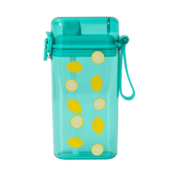 Mainstays 14 oz Sip Bottle with Locking Flip Lid, Straw & Silicone Handle, Green, Lemon, Plastic