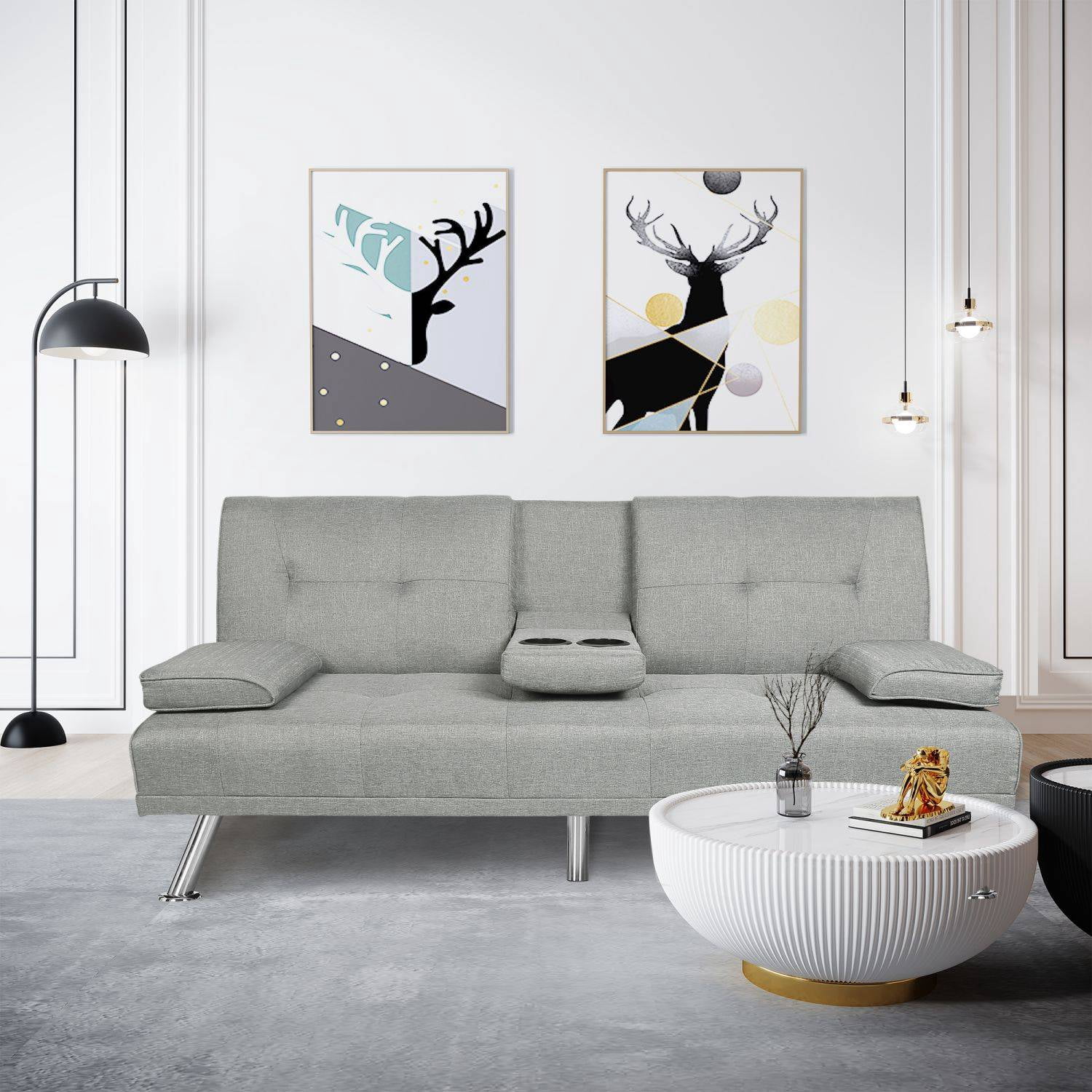 BSHTI 66.3 inch Futon Sleeper Sofa Bed,Twin Size Futon Sleeper,Light Gray Polyester Upholstery Sofa Bed,for your Home,Office,and Guest Room