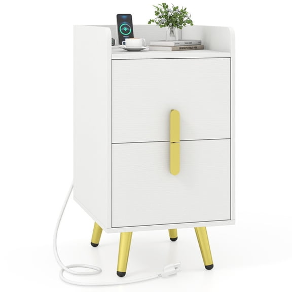 Furnibear Nightstand with 2 USB Ports, 2-Drawer Bedside Table Side Table with Charging for Bedroom, White