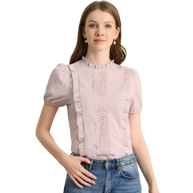 Unique Bargains Blouse de Travail en Dentelle Crochetée à Manches Courtes à Volants pour Femmes Rose S