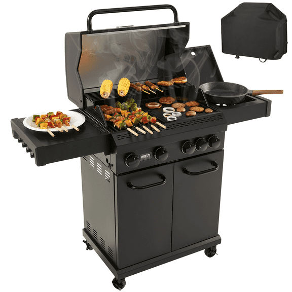 4 Burner Propane Gas Grill with Cast Iron Griddle, Cooking Grates and Side Burner
