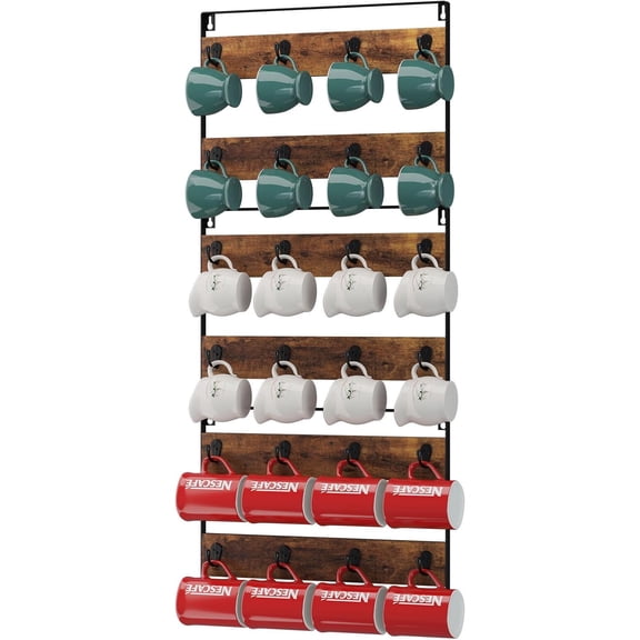 Mug Racks for Wall,Set of 3, 24-Hook Large Coffee Mug Holder Wall Mounted, Rustic Wood Coffee Mug Rack Display Organizer for Kitchen, Home,Bar, Coffee Station,Rustic Brown TBJ005H-3