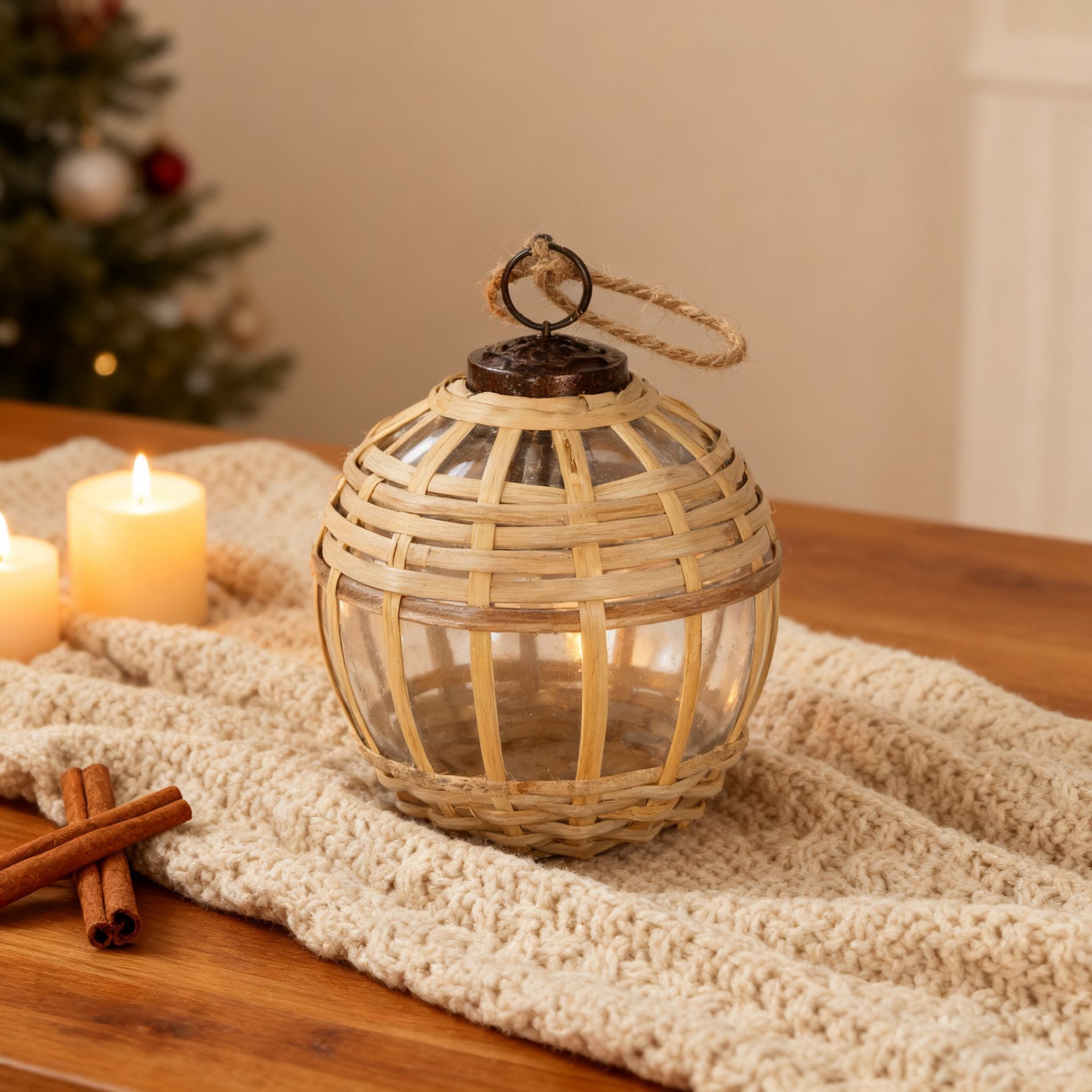 Glass and Cane Christmas Ball Ornament 3.6 Inch Rustic Natural Texture Tree Garland Decor