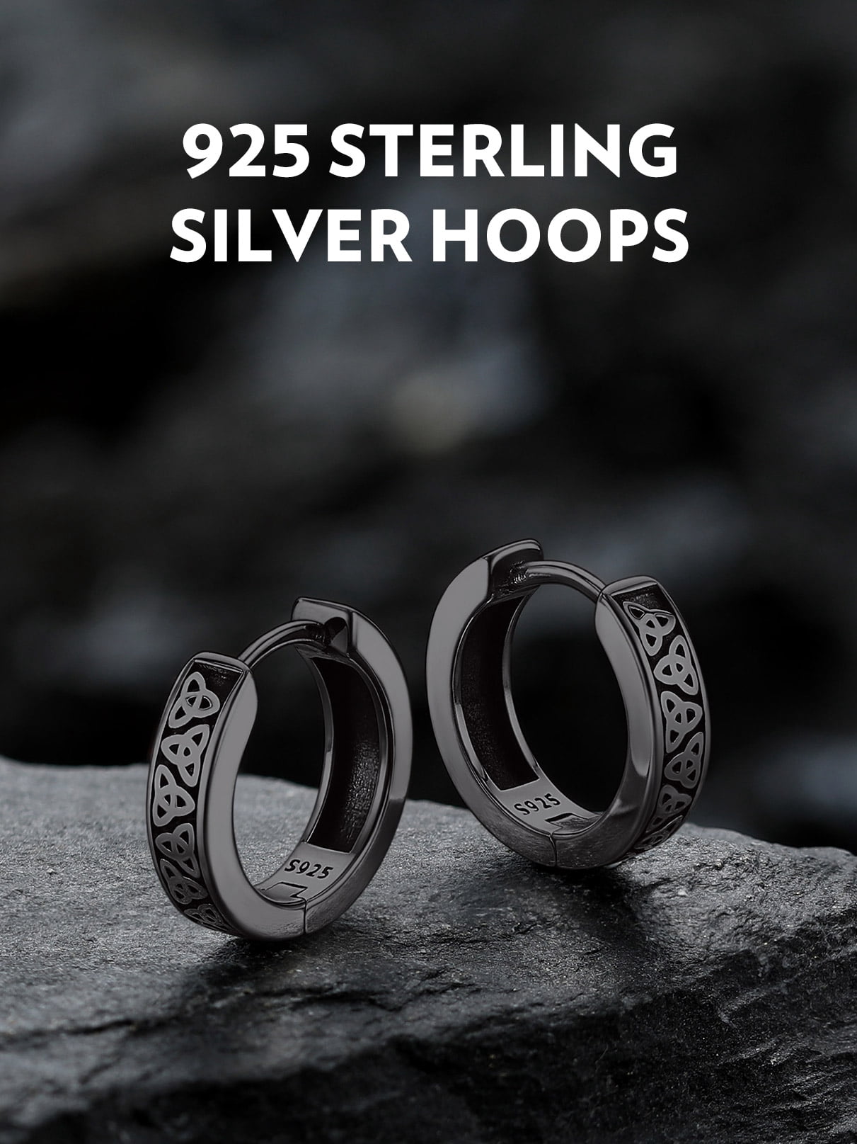 Bandmax 10MM 925 Sterling Silver Black Huggie Earrings for Men Tiny Triangle Celtic Knot Hoop Earrings for Boyfriend Husband Father Son Gift