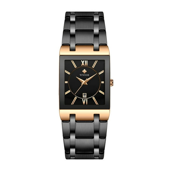 WWOOR Montre Quartz Carrée Élégante pour Hommes avec Calendrier Étanche et Bracelet en Acier Inoxydable, Modèle 8858, Boîtier Or Rose Cadran Noir